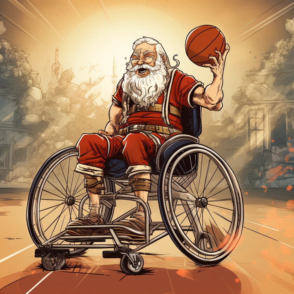 Santa Claus in einem Basketball-Rollstuhl